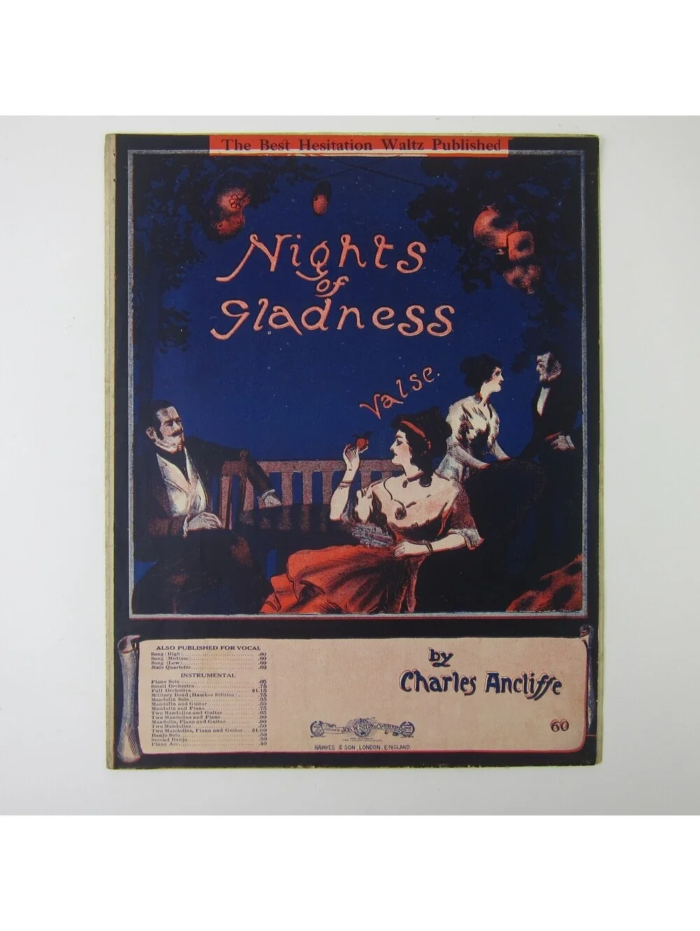 Sheet Music Nights of Gladness Valse Piano Charles Antcliffe Antique 1912